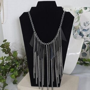 Silver Statement Bib Chain Neckalce With Black Triangle Charms